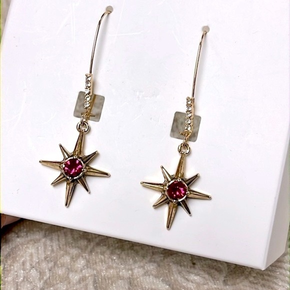 Brand New Betsey Johnson Gold Tone Celestial Star Pink Stone Drop Earrings - Picture 7 of 15